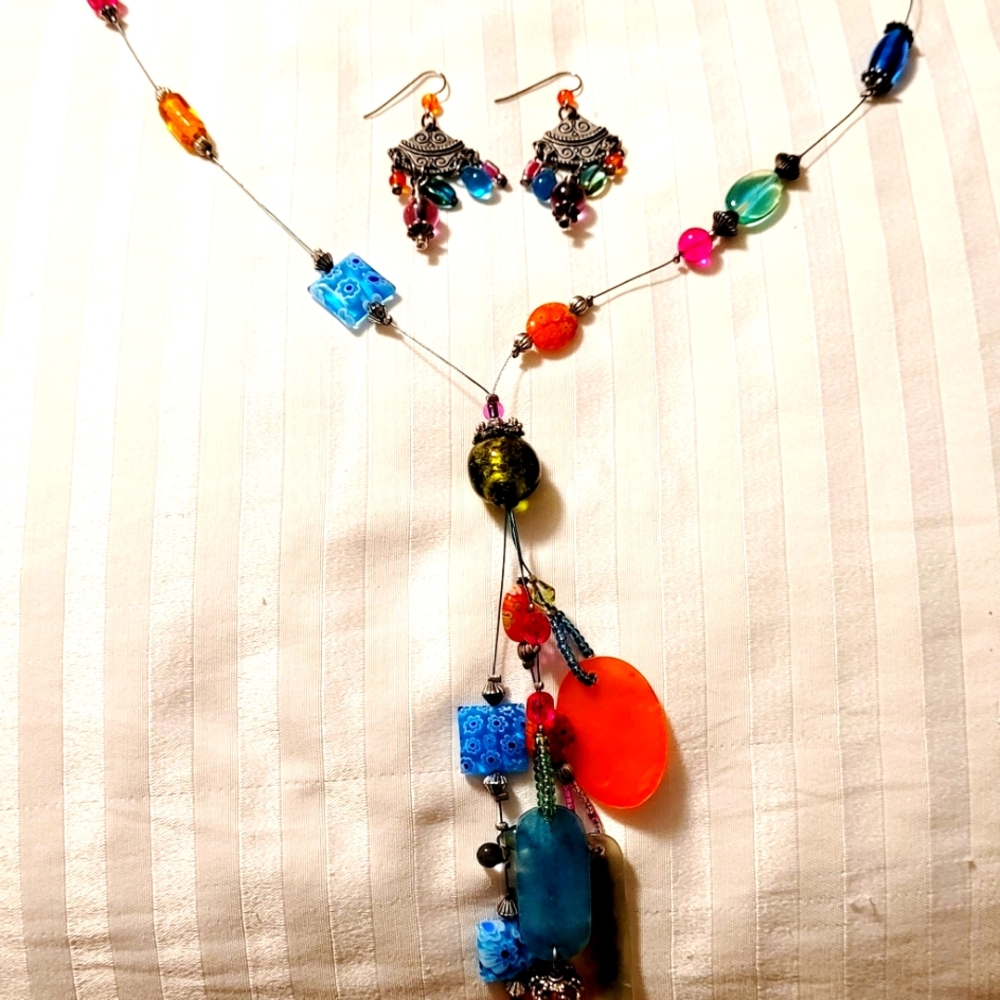 REDUCED!!!!Silver and multi colored beaded necklace & earrings